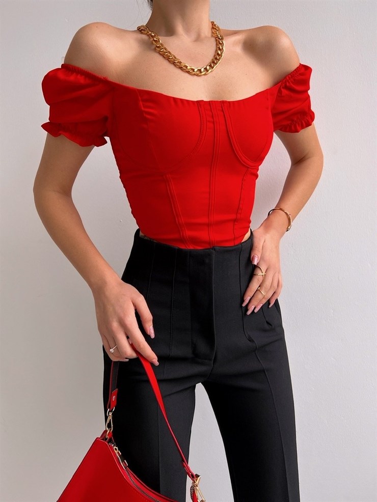 Korse Düçük Omuz Danna Kadın Kırmızı Crop Bluz 22K000529