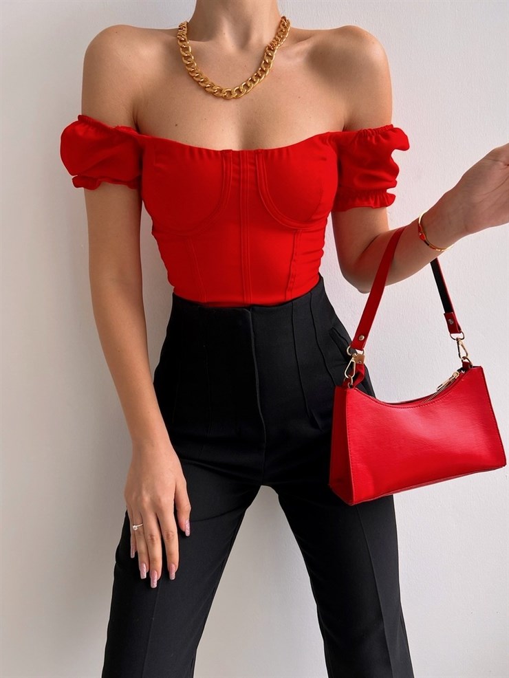 Korse Düçük Omuz Danna Kadın Kırmızı Crop Bluz 22K000529
