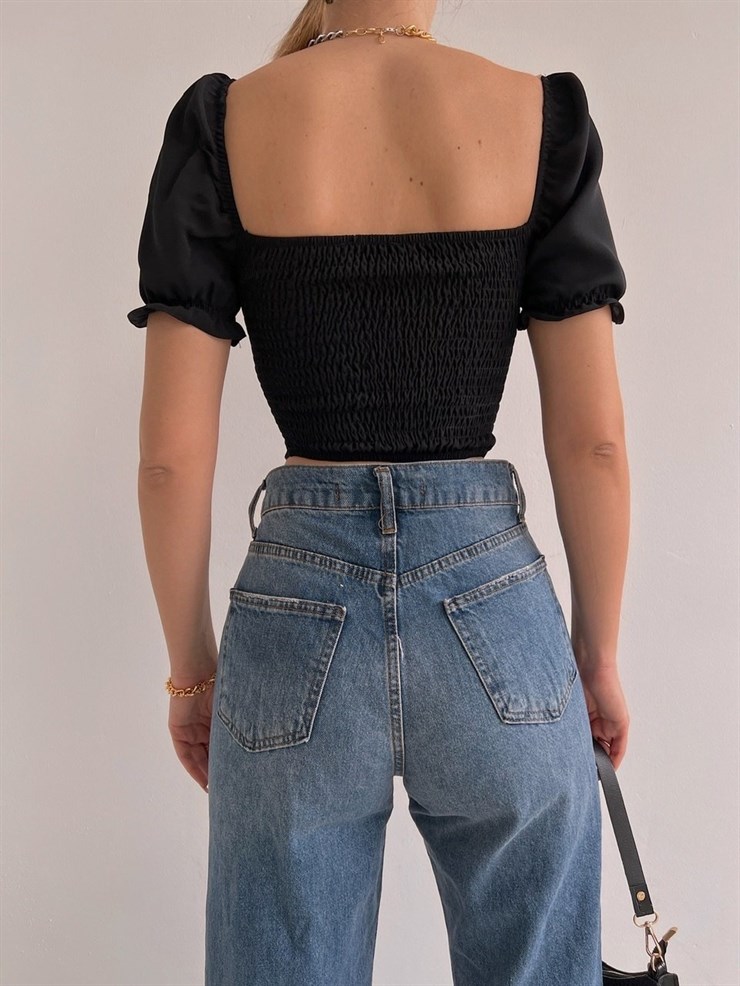 Korse Düçük Omuz Danna Kadın Siyah Crop Bluz 22K000529