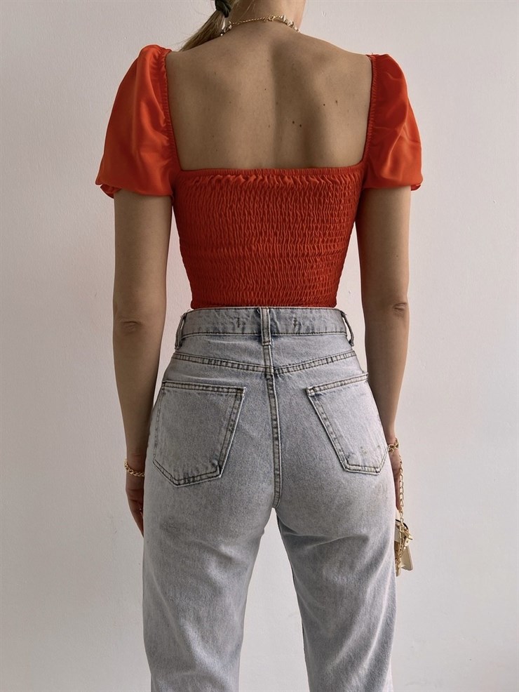 Korse Düçük Omuz Danna Kadın Turuncu Crop Bluz 22K000529