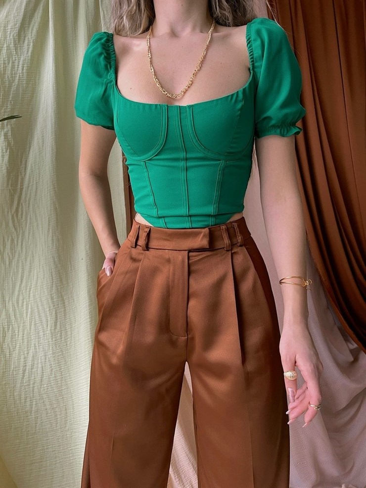 Korse Düçük Omuz Danna Kadın Yeşil Crop Bluz 22K000529