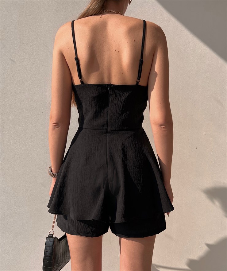 Korse Eteği Volanlı Delaney Kadın Siyah Şort Tulum 22Y000076