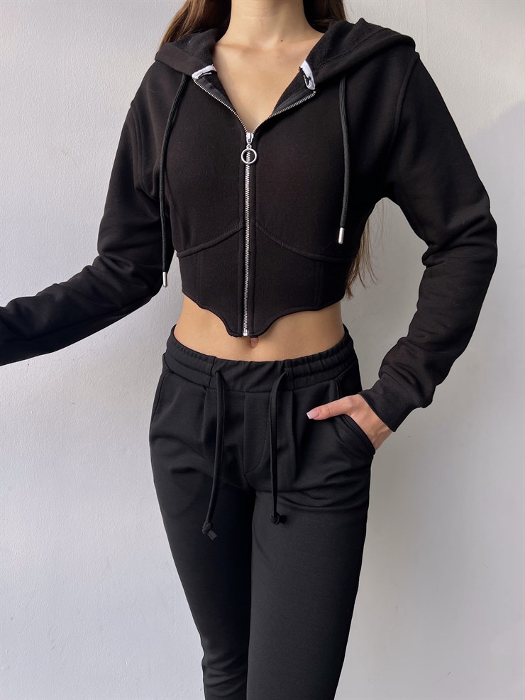 Korse Fermuar Kapamalı Kapüşonlu Spiridion Kadın Siyah Sweatshirt 23K000107