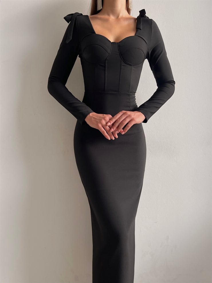 Korse Göğüs Pedli Omzu Bağlama Görünümlü Klaus Kadın Siyah Uzun Kol Midi Elbise 23K000034