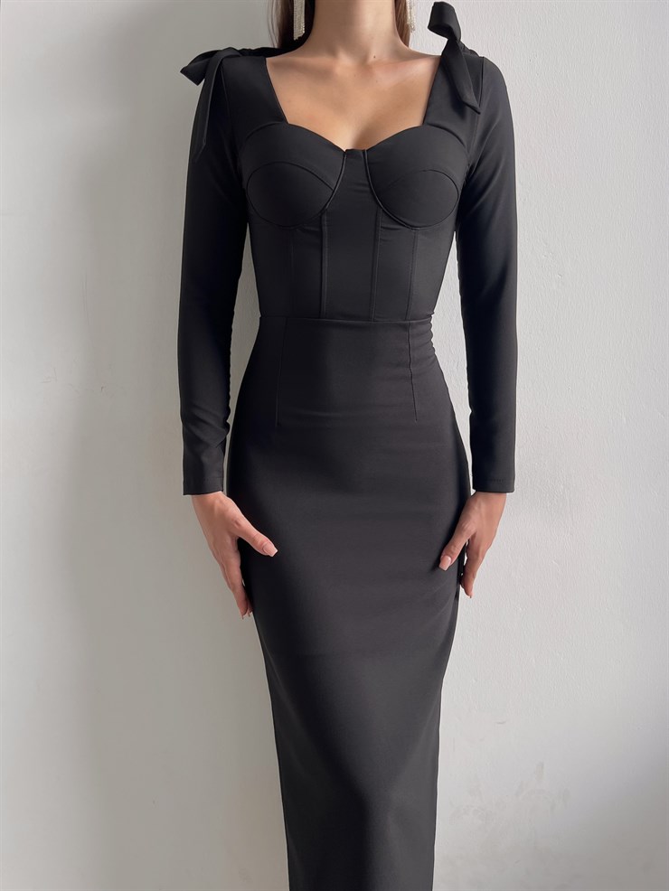 Korse Göğüs Pedli Omzu Bağlama Görünümlü Klaus Kadın Siyah Uzun Kol Midi Elbise 23K000034