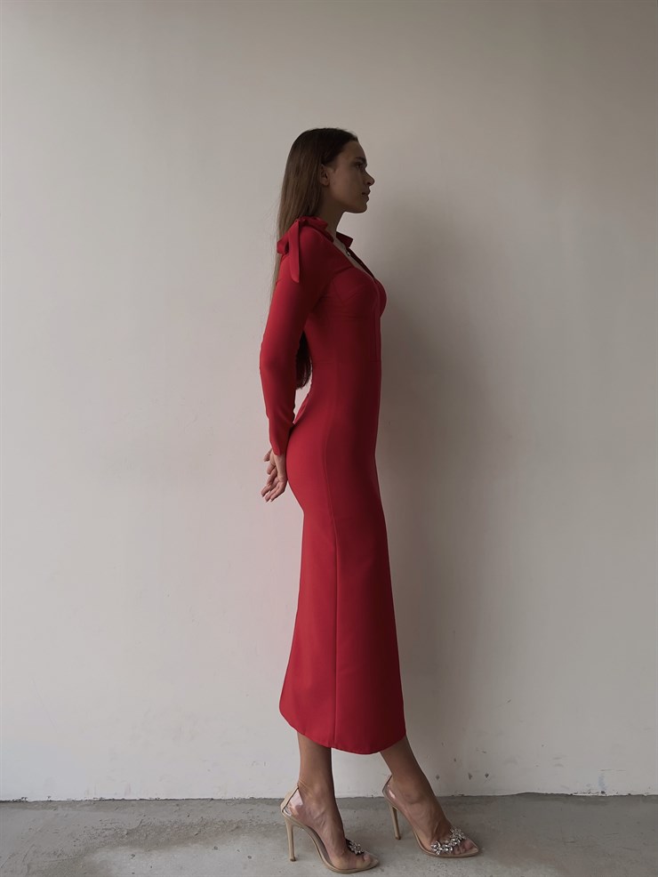 Korse Göğüs Pedli Omzu Bağlama Görünümlü Klaus Kadın Kırmızı Uzun Kol Midi Elbise 23K000034