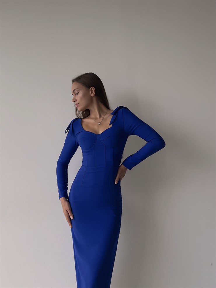 Korse Göğüs Pedli Omzu Bağlama Görünümlü Klaus Kadın Saks Uzun Kol Midi Elbise 23K000034