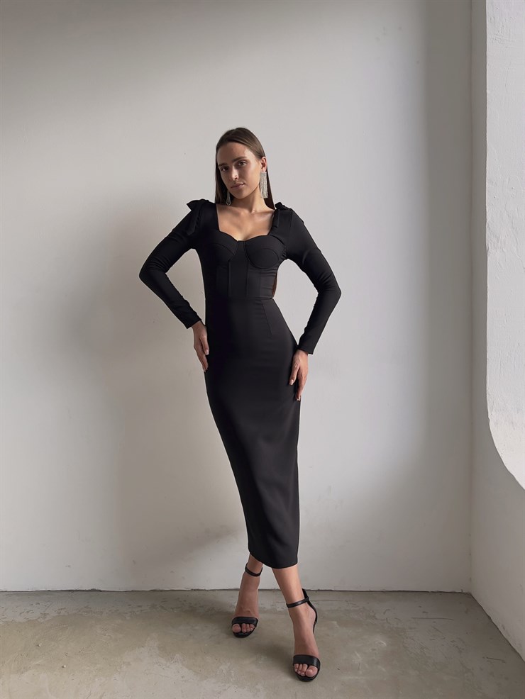 Korse Göğüs Pedli Omzu Bağlama Görünümlü Klaus Kadın Siyah Uzun Kol Midi Elbise 23K000034