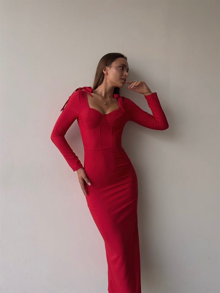 Korse Göğüs Pedli Omzu Bağlama Görünümlü Klaus Kadın Kırmızı Uzun Kol Midi Elbise 23K000034