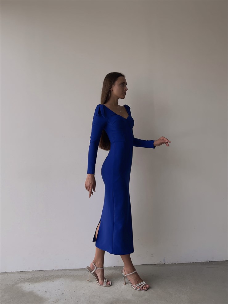 Korse Göğüs Pedli Omzu Bağlama Görünümlü Klaus Kadın Saks Uzun Kol Midi Elbise 23K000034