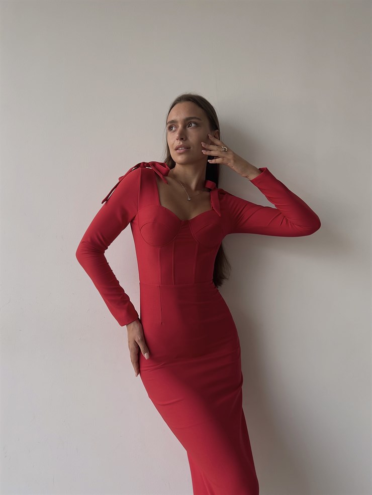 Korse Göğüs Pedli Omzu Bağlama Görünümlü Klaus Kadın Kırmızı Uzun Kol Midi Elbise 23K000034