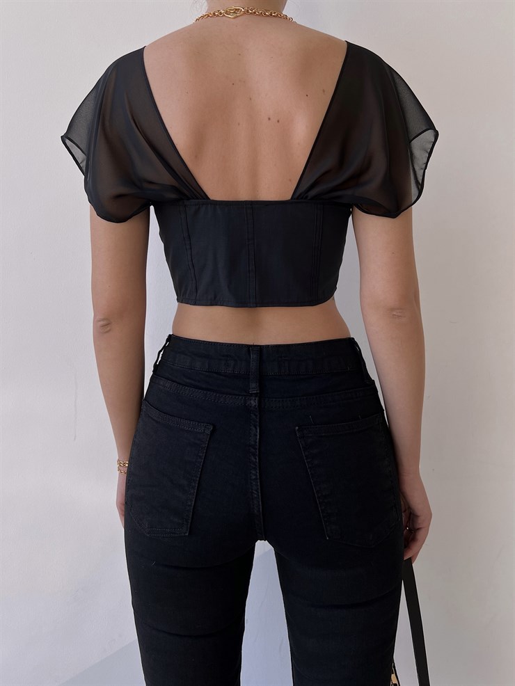 Korse Önden Agraflı Şifon Düşük Kol Kasey Kadın Siyah Crop Bluz 22Y000303