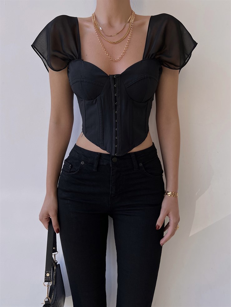 Korse Önden Agraflı Şifon Düşük Kol Kasey Kadın Siyah Crop Bluz 22Y000303