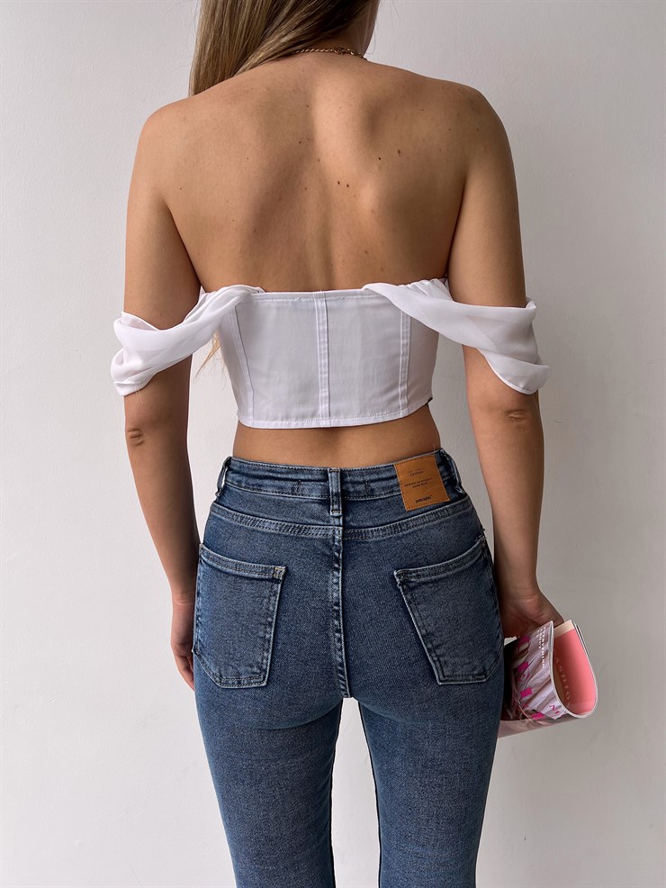 Korse Önden Agraflı Şifon Düşük Kol Kasey Kadın Beyaz Crop Bluz 22Y000303