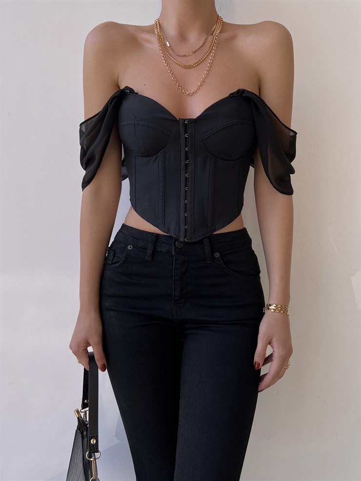 Korse Önden Agraflı Şifon Düşük Kol Kasey Kadın Siyah Crop Bluz 22Y000303