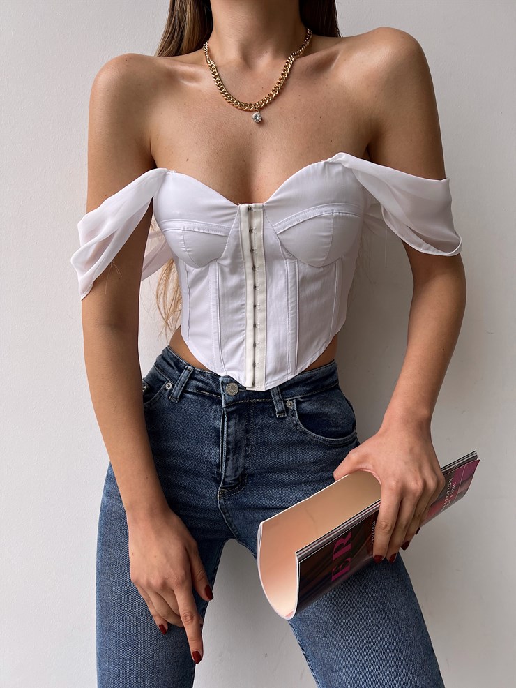 Korse Önden Agraflı Şifon Düşük Kol Kasey Kadın Beyaz Crop Bluz 22Y000303