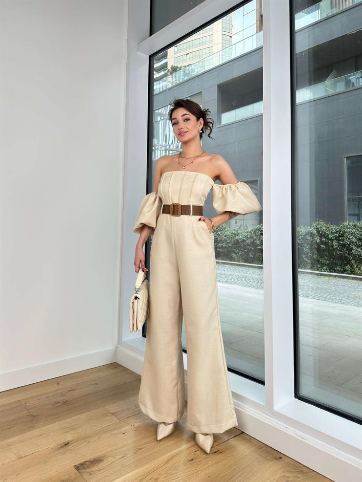 Kısa Balon Kol Beli Kemerli Bol Paça Kris Kadın Taş Tulum 24Y330