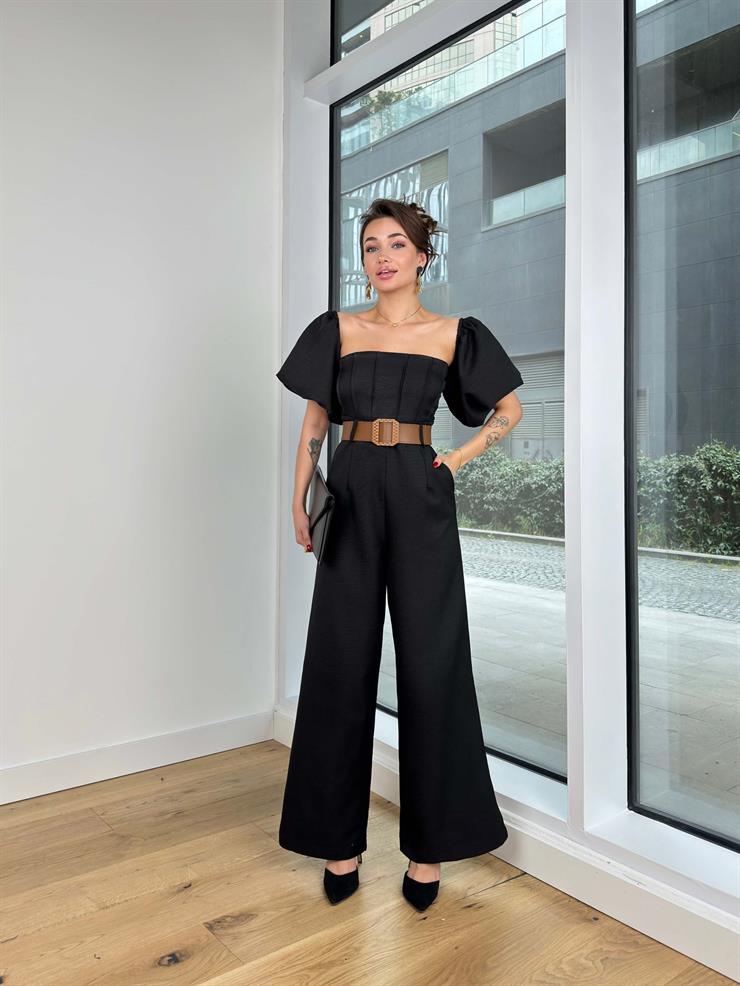 Kısa Balon Kol Beli Kemerli Bol Paça Kris Kadın Siyah Tulum 24Y330