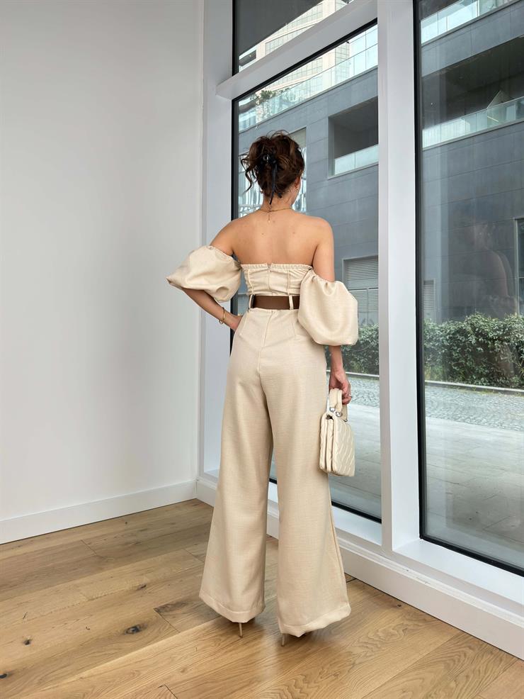 Kısa Balon Kol Beli Kemerli Bol Paça Kris Kadın Taş Tulum 24Y330