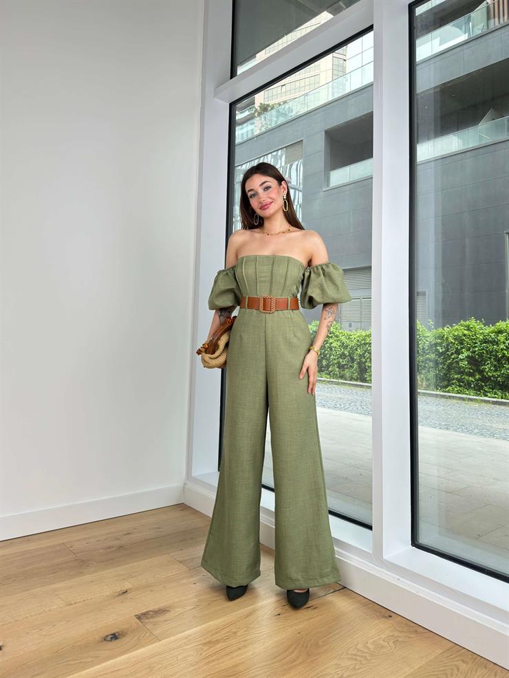 Kısa Balon Kol Beli Kemerli Bol Paça Kris Kadın Haki Tulum 24Y330