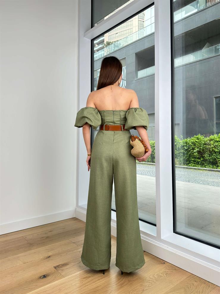 Kısa Balon Kol Beli Kemerli Bol Paça Kris Kadın Haki Tulum 24Y330