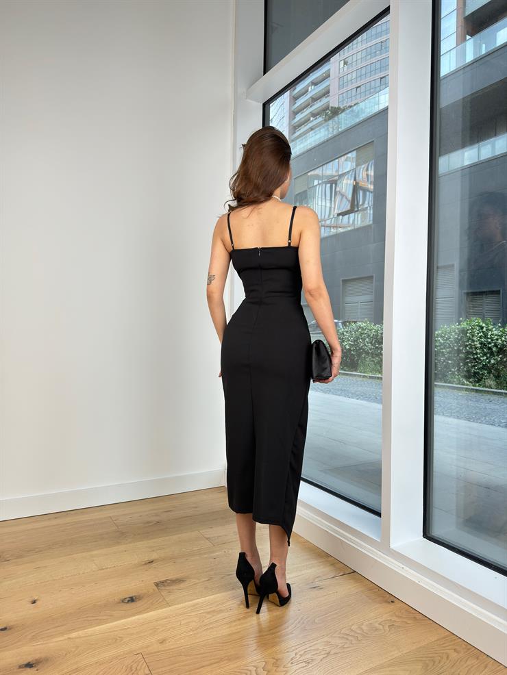 Ayarlanabilir Askılı V Yaka Drapeli Eteği Kruvaze Krista Kadın Siyah Midi Elbise 24Y623