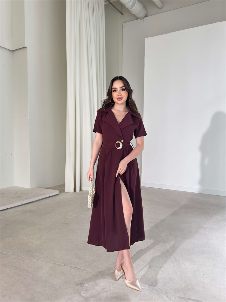 Kemerli Kruvaze Yaka Kristina Bordo Kadın Elbise 26Y150