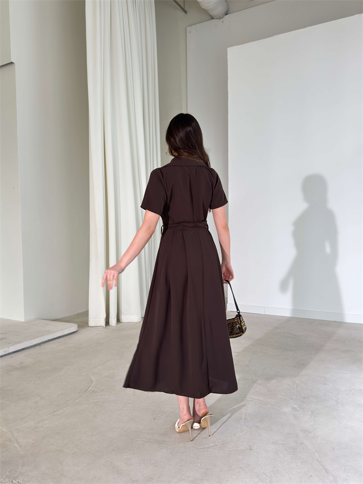 Kemerli Kruvaze Yaka Kristina Kahve Kadın Elbise 26Y150