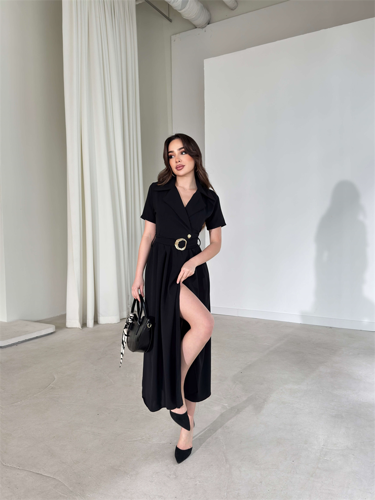 Kemerli Kruvaze Yaka Kristina Siyah Kadın Elbise 26Y150