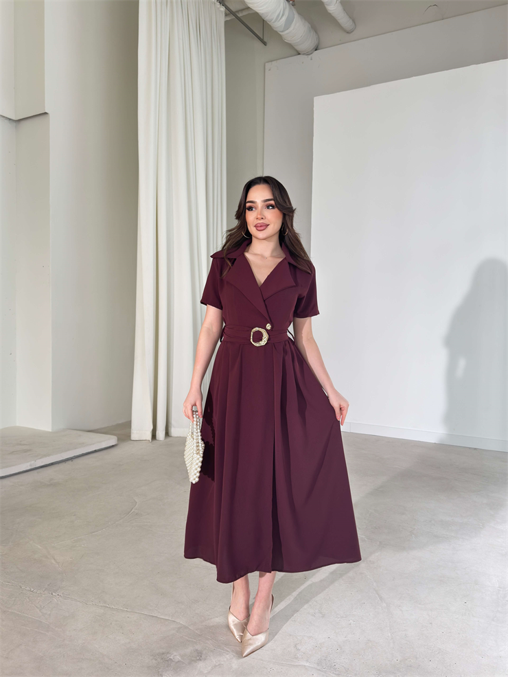 Kemerli Kruvaze Yaka Kristina Bordo Kadın Elbise 26Y150