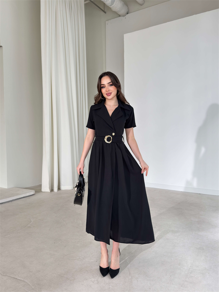 Kemerli Kruvaze Yaka Kristina Siyah Kadın Elbise 26Y150