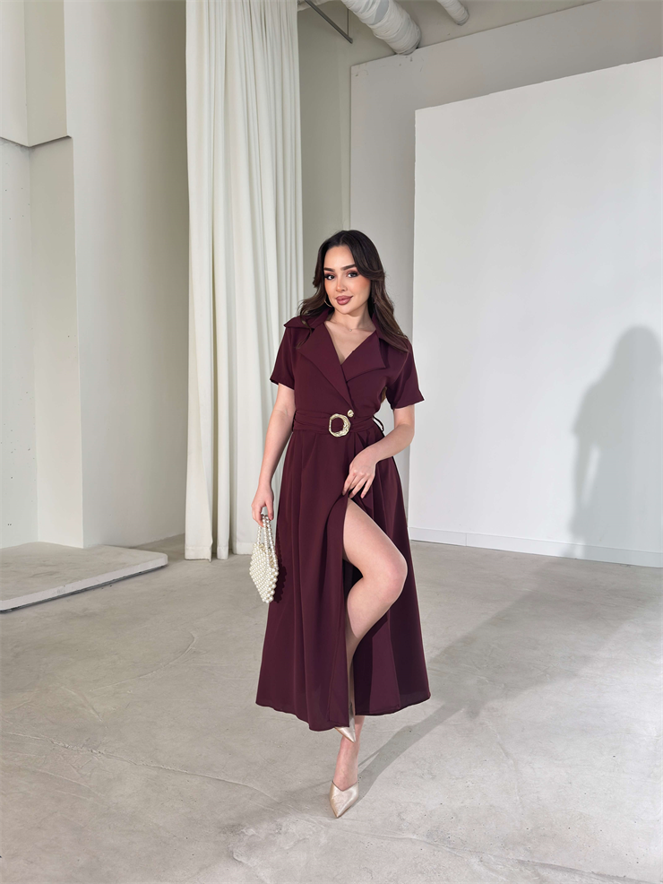 Kemerli Kruvaze Yaka Kristina Bordo Kadın Elbise 26Y150