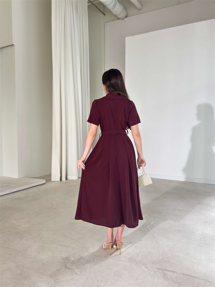 Kemerli Kruvaze Yaka Kristina Bordo Kadın Elbise 26Y150