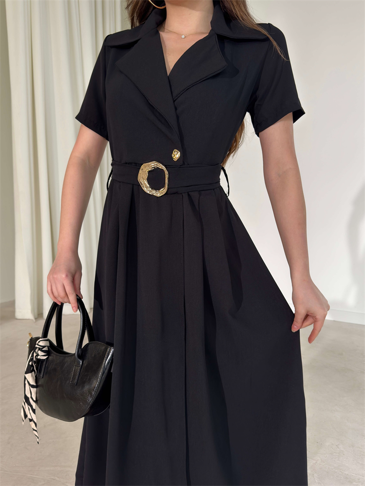 Kemerli Kruvaze Yaka Kristina Siyah Kadın Elbise 26Y150