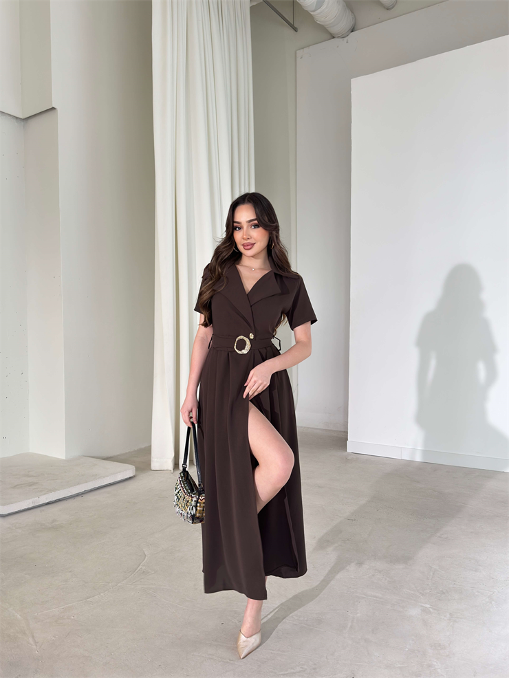 Kemerli Kruvaze Yaka Kristina Kahve Kadın Elbise 26Y150