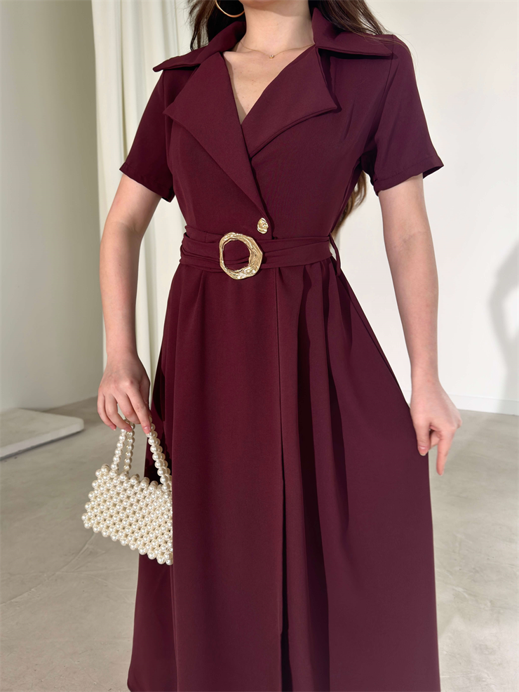 Kemerli Kruvaze Yaka Kristina Bordo Kadın Elbise 26Y150