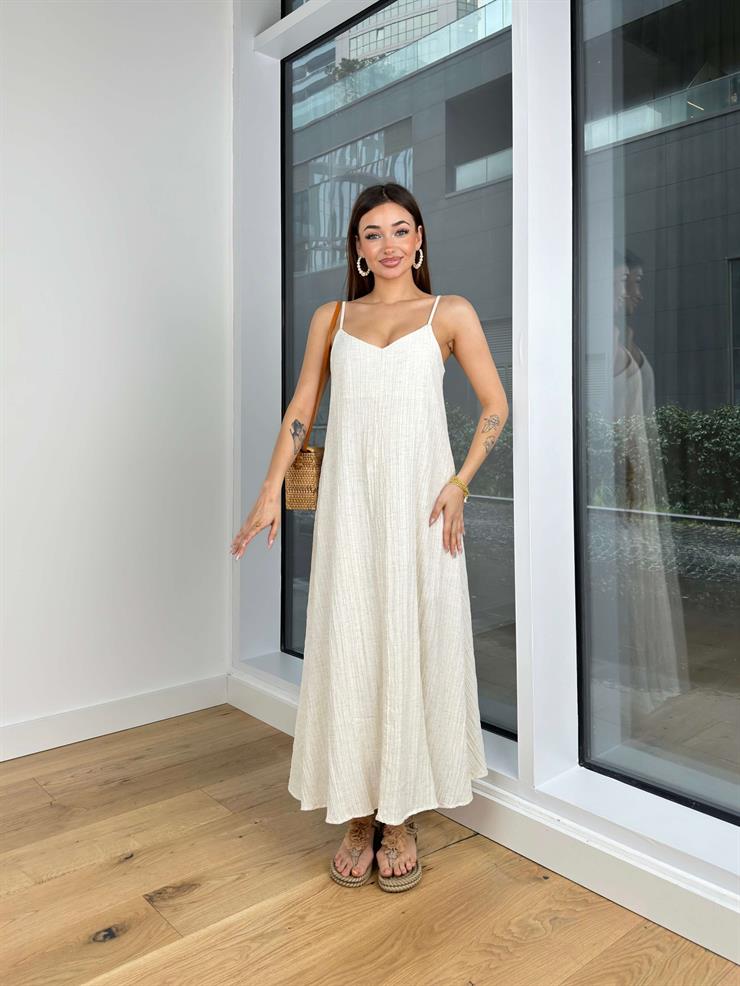 İnce Askılı V Yaka Kriti Kadın Natural Elbise 24Y141