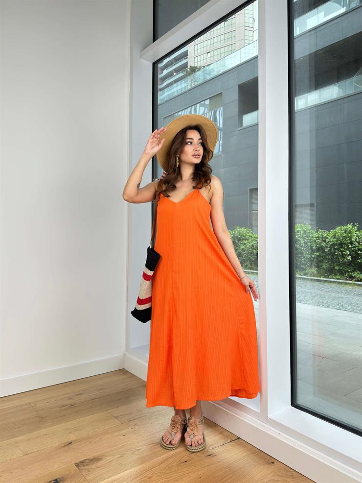 İnce Askılı V Yaka Kriti Kadın Turuncu Elbise 24Y141