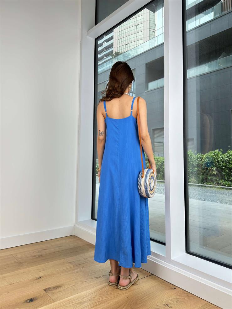 İnce Askılı V Yaka Kriti Kadın Mavi Elbise 24Y141