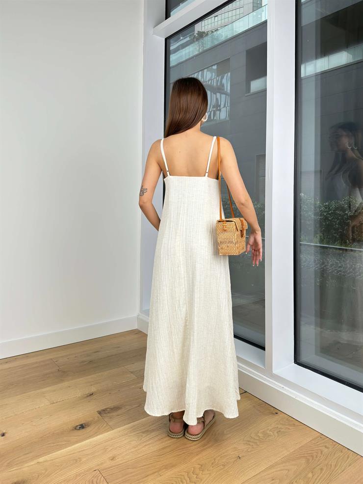İnce Askılı V Yaka Kriti Kadın Natural Elbise 24Y141