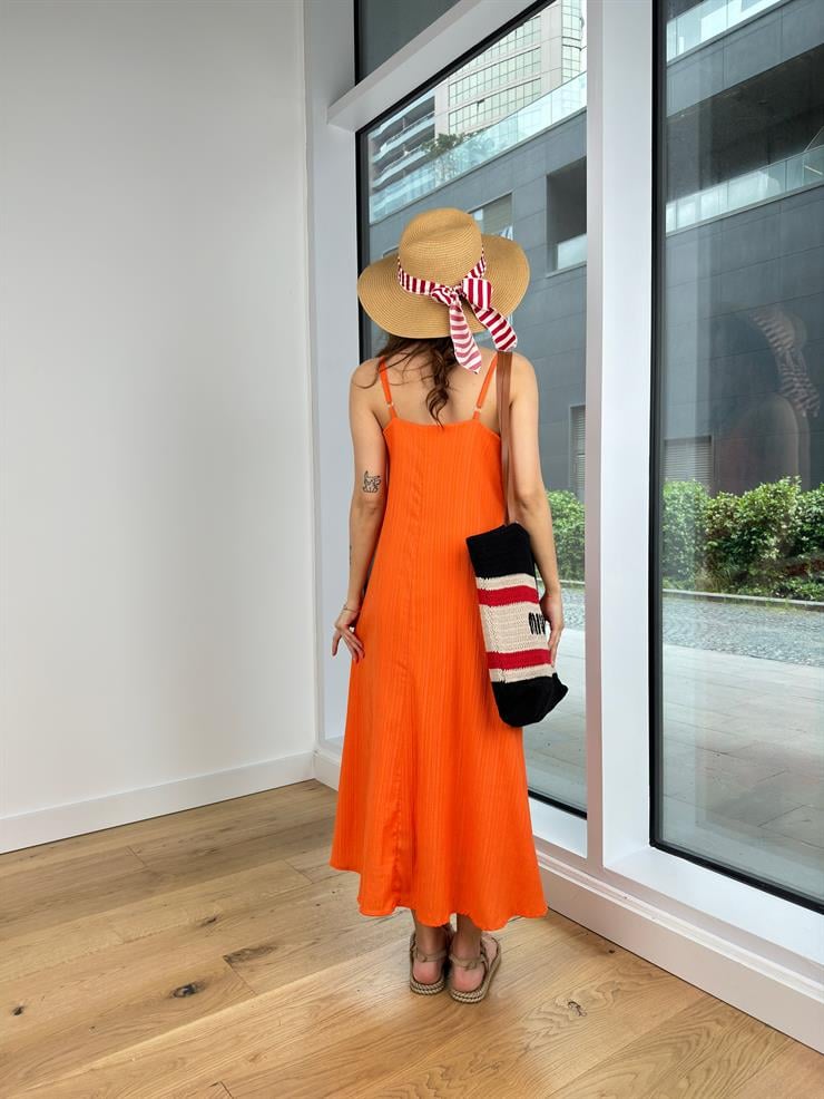 İnce Askılı V Yaka Kriti Kadın Turuncu Elbise 24Y141