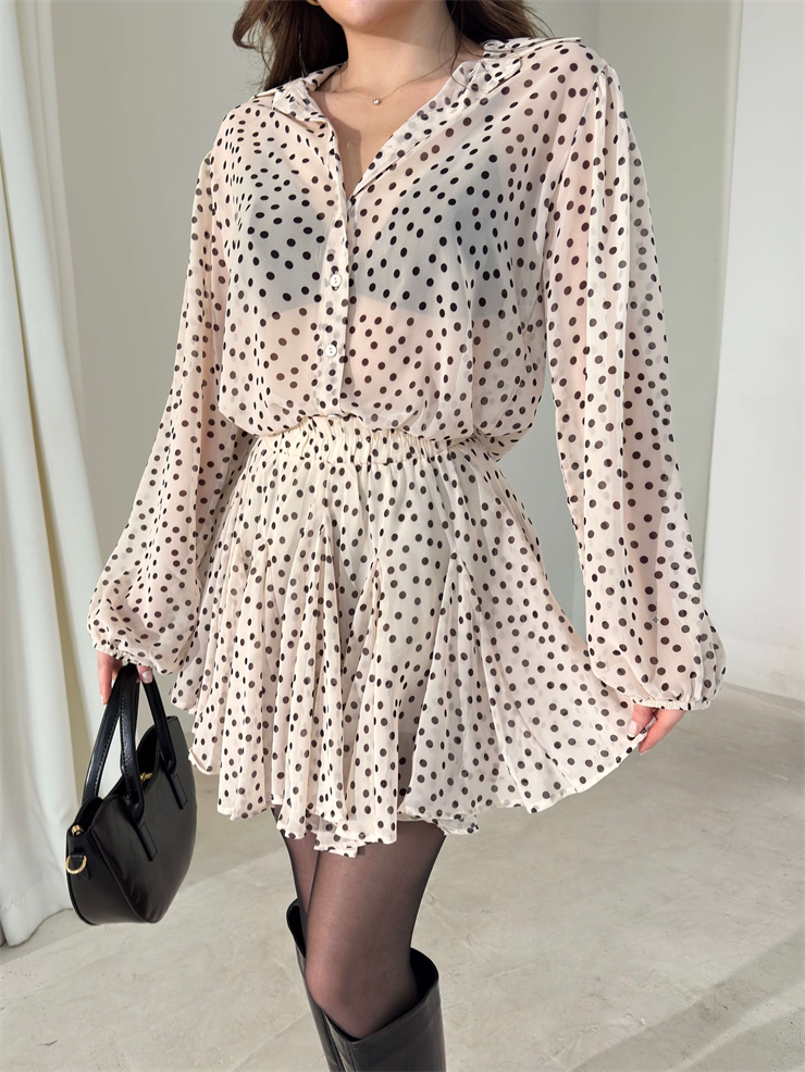 Puantiyeli Transparan Gömlek Pileli Etek Kromin Bej Kadın İkili Takım 26Y021