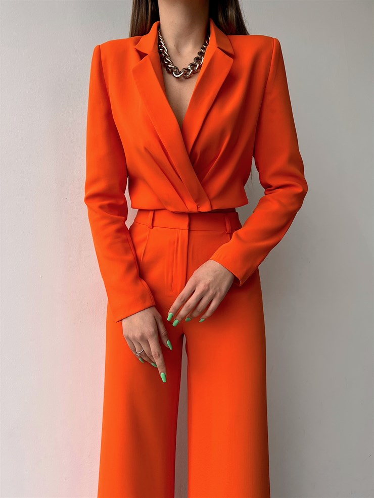 Kruvaze Beli Drapeli Alize Kadın Turuncu Crop Ceket 22Y000060