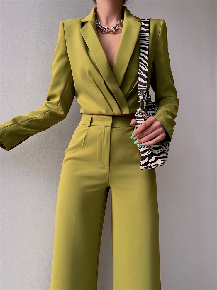 Kruvaze Beli Drapeli Alize Kadın Yeşil Crop Ceket 22Y000060