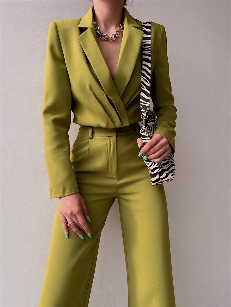 Kruvaze Beli Drapeli Alize Kadın Yeşil Crop Ceket 22Y000060