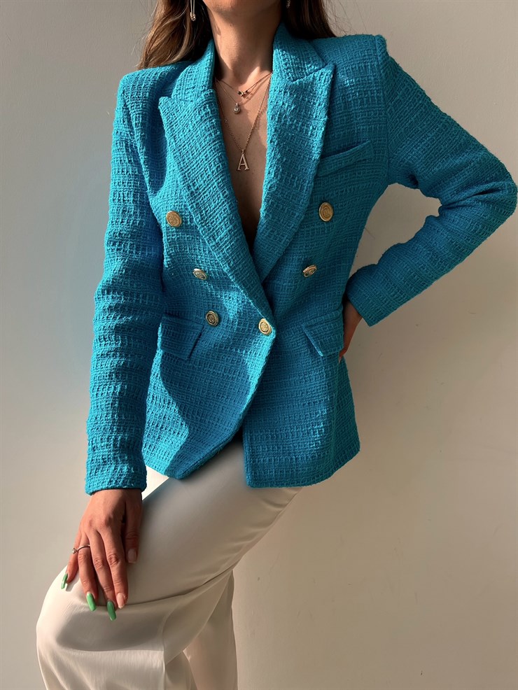 Kruvaze Metal Düğmeli Desirae Kadın Mavi Blazer Ceket 22Y000117