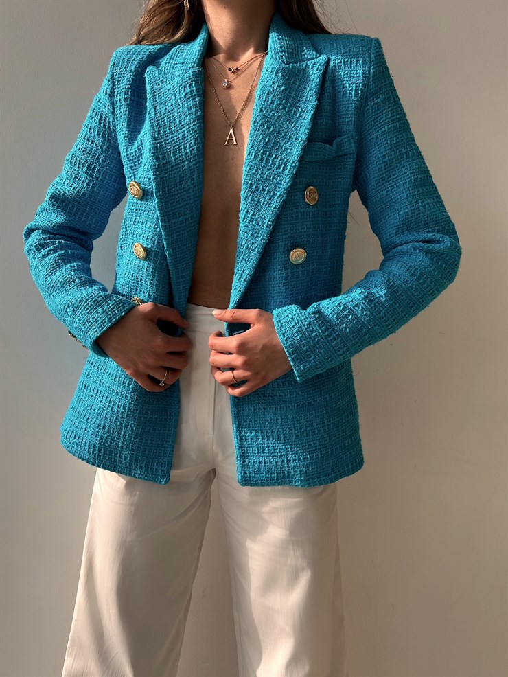 Kruvaze Metal Düğmeli Desirae Kadın Mavi Blazer Ceket 22Y000117