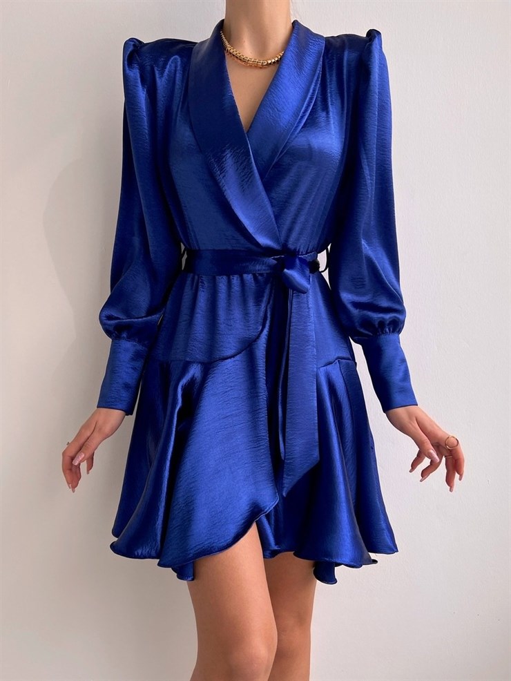 Kruvaze Volanlı Belden Bağlama Cindy Kadın Saks Elbise 22K000527