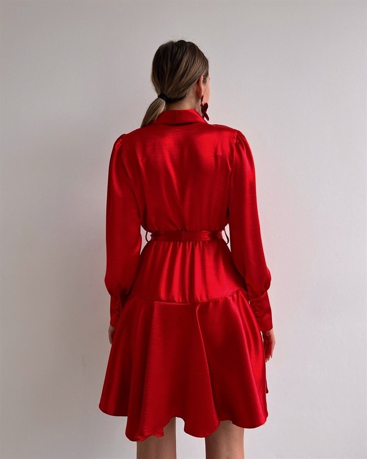 Kruvaze Volanlı Belden Bağlama Cindy Kadın Kırmızı Elbise 22K000527