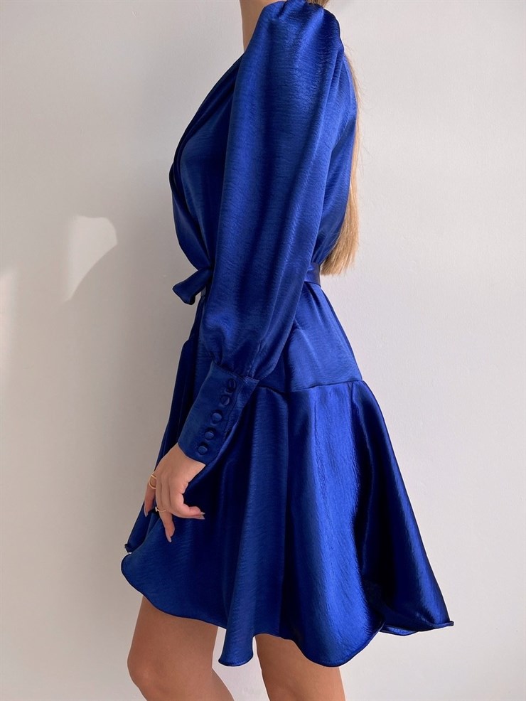 Kruvaze Volanlı Belden Bağlama Cindy Kadın Saks Elbise 22K000527